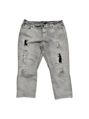 Bisou Bisou Distressed Ripped Capri Jeans Size16 Gray Black Mesh Embellished